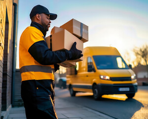 Delivery worker carrying boxes outdoors with a yellow van in the background during sunset.