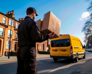 Delivery person carrying box towards yellow van on sunny street, representing logistics and efficient shipping services.