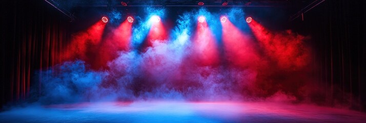Theatrical stage illuminated by dramatic red and blue spotlights with a smoky atmosphere, creating a moody and intense setting perfect for concerts, performances, or cinematic presentations.
