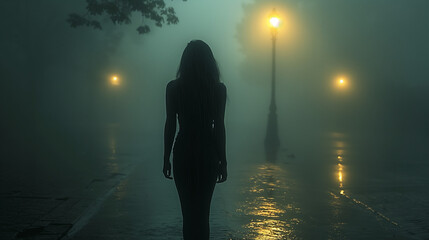 A woman standing alone in a rain-soaked street at midnight, the light from a single streetlamp casting long shadows, surreal fog enveloping the background