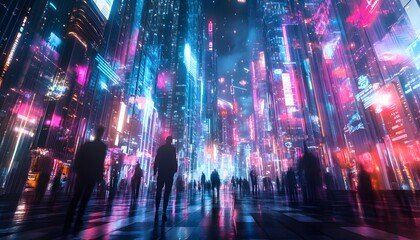 Fototapeta premium Silhouettes of People Walking Through a Futuristic City at Night