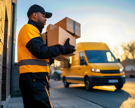 Delivery worker carrying boxes outdoors with a yellow van in the background during sunset.