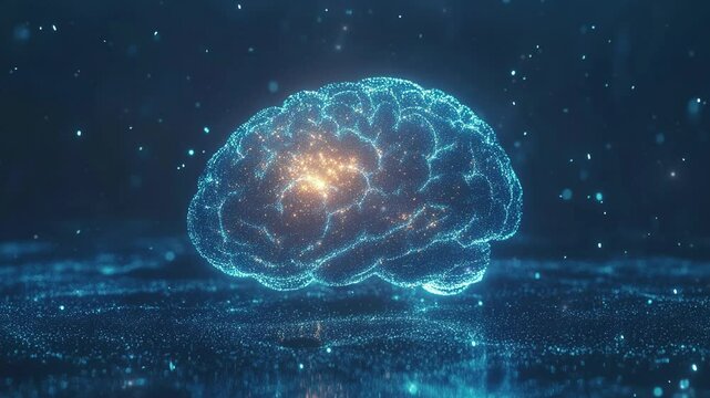 Abstract brain hologram background. Digital brain. Brain Artificial Intelligence Concept. Brain activity. Brain anatomy. Science showing the human brain. Human brain animation. Copy space area