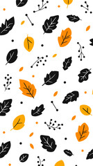 A colorful pattern featuring various autumn leaves, branches, and berries in shades of orange, black, and cream