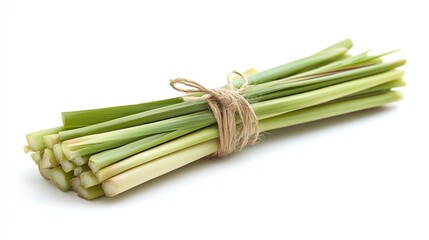 a sprig of lemongrass tied with twine, rustic presentation, natural green, isolated on white background