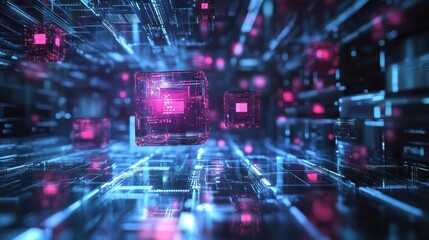 Obraz premium A high-tech depiction of digital storage, with holographic data cubes floating in a secure digital vault