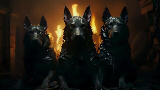 Black dogs, Video recreation of Cerberus dog, hound of Hades, hell gates keeper
