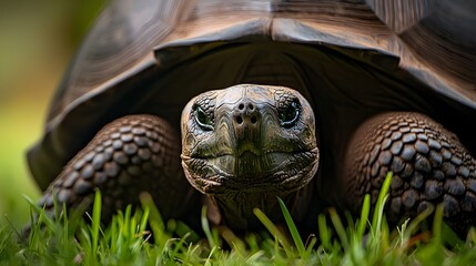 A close-up photograph of a giant tortoise slowly moving across a grassy area, showcasing its textured shell and peaceful demeanor.