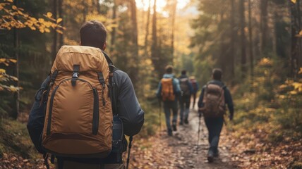 A group of friends hiking on a forest trail, autumn leaves, Labor Day adventure, nature exploration