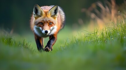 Obraz premium An engaging photograph of a red fox curiously exploring a meadow, with its vibrant fur contrasting against the green grass.