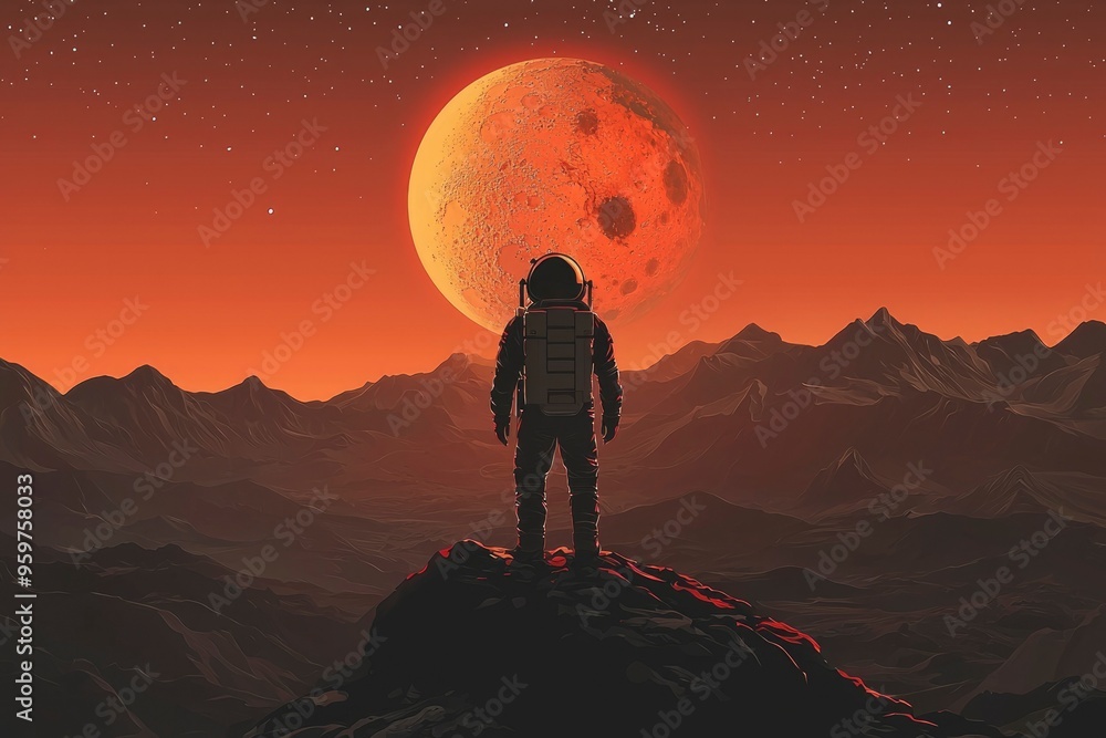 Poster astronaut standing on a mountain peak with a red planet in the background