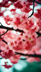 Sakura is blooming. Delicate pink cherry blossoms bloom beautifully on a tree branch during the spring season, filling the scene with vibrant colors and a sense of renewal in nature. Generative AI