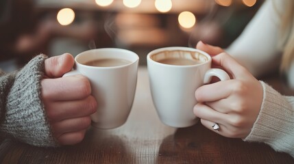 Two hands holding warm cups of coffee while enjoying time together in a cozy caf&eacute; setting during the late afternoon