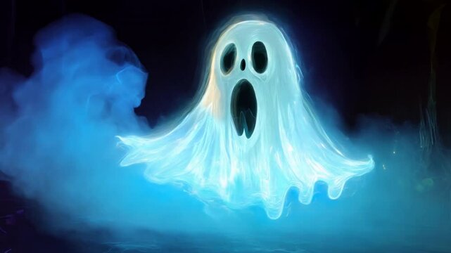 A ghostly figure with an open mouth is floating in the air