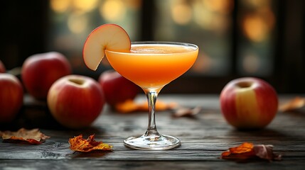 A rich caramel apple martini with a caramel drizzle around the glass, garnished with an apple slice, placed on a rustic wooden table with scattered autumn leaves and apples,