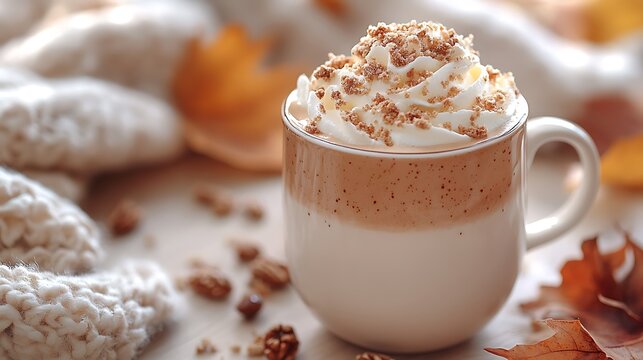 A rich chestnut praline latte in a ceramic cup, topped with whipped cream and praline crumbs, placed on a wooden table with scattered fall leaves and a cozy blanket,