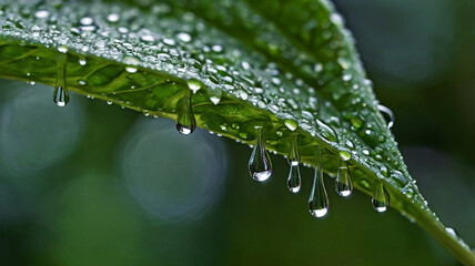 Raindrops fall like shimmering diamonds, reflecting the faint light in a delicate ballet of nature's beauty.