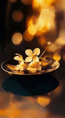 A gold plate with two white flowers on it