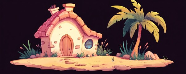 Charming cartoon-style house with a palm tree, set against a dark background, exuding a whimsical vibe.