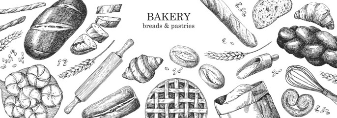 Bakery products. Bakery design template. Hand-drawn illustration of Bred. Ink. Vector	
