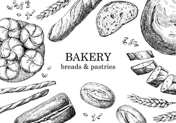 Bakery products. Bakery design template. Hand-drawn illustration of Bred. Ink. Vector	