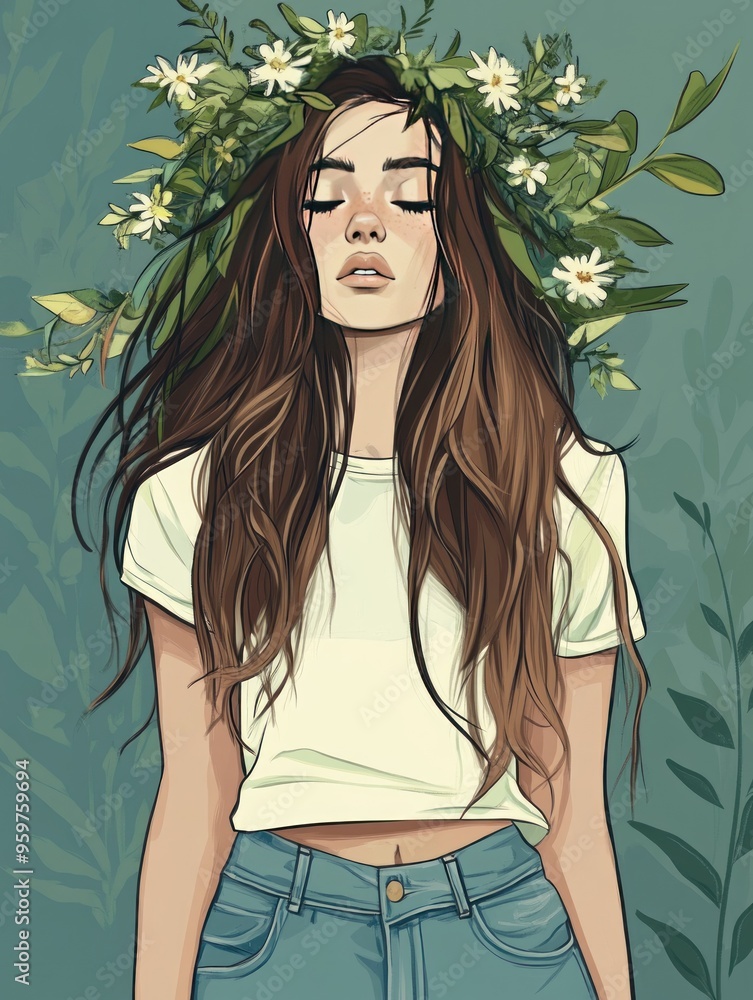 Poster A young woman with long brown hair and a flower crown stands in front of a green background.