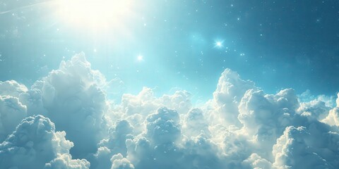 Obraz premium Beautiful bright sky full of fluffy white clouds illuminated by the soft glow of the sun, with twinkling stars in the background creating a serene and peaceful atmosphere perfect for celestial natural