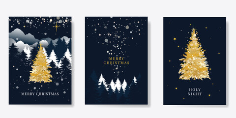 Luxury gold christmas invitation card design vector. Christmas tree, snow with gold foil texture on navy blue background. Design illustration for cover, print, poster, ads.