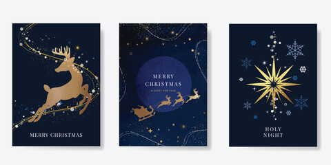 Luxury gold christmas invitation card design vector. Christmas sleigh, reindeer, snowflake with gold foil texture on navy blue background. Design illustration for cover, print, poster, ads.
