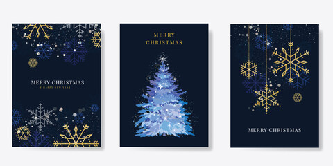 Luxury gold christmas invitation card design vector. Christmas tree, snowflake with gold foil texture on navy blue background. Design illustration for cover, print, poster, ads.