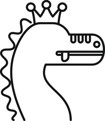 Playful and whimsical line icon of a dinosaur head sporting a crown, its tongue playfully sticking out