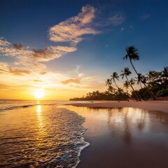  Serene Beach Sunset
A tranquil tropical beach with golden sand, palm trees, and a vibrant sunset reflecting on calm waters.