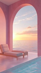 Fototapeta premium Surreal architecture with arched window,curtain,pink concrete walls, pool with couch,interior design of empty space,Imaginary fictional minimalistic interior with a view of sea,building space.