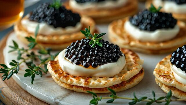 Close-up of gourmet blini with cream cheese and black caviar, elegant appetizer concept