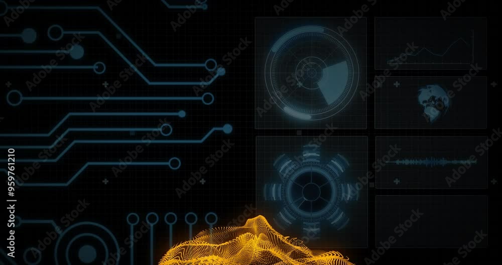Poster digital circuit and data visualization over abstract yellow wave animation