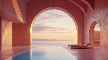 Fototapeta premium Surreal architecture with arched window,curtain,pink concrete walls, pool with couch,interior design of empty space,Imaginary fictional minimalistic interior with a view of sea,building space.