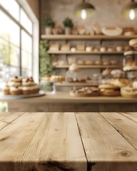 Empty wooden table top with a blurred background of a bakery shop interior for product display montage