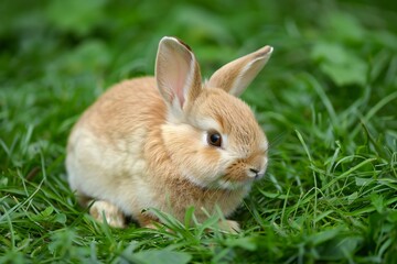 Fototapeta premium Cute fluffy little rabbit on a meadow grass field, created by ai