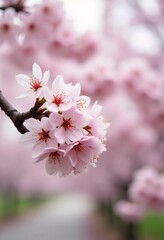 Obraz premium Sakura is blooming. Delicate pink cherry blossoms bloom beautifully on a tree branch during the spring season, filling the scene with vibrant colors and a sense of renewal in nature. Generative AI