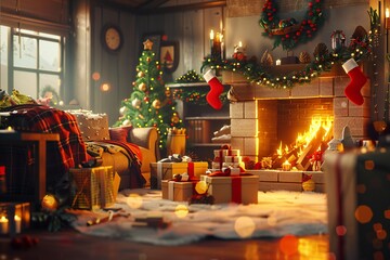 Festive 3D render of a cozy living room with holiday decorations, a roaring fire, and a family unwrapping presents, created by ai