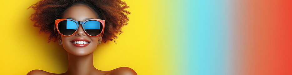 A vibrant and colorful banner featuring an African American woman with curly hair in sunglasses
