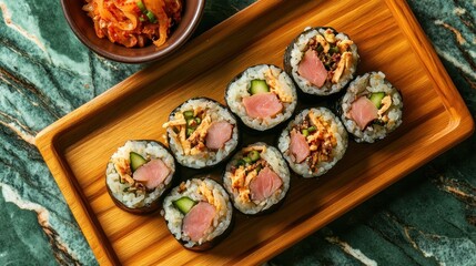 Kimbap is a Korean food consisting of rice and several ingredients seasoned with sesame oil and wrapped in nori seaweed,Korean food,healthy and delicious,Sushi Rolls,Gimbap traditional street food.