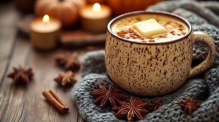 A steaming mug of hot buttered rum with a pat of butter melting into the drink, surrounded by autumn spices and a soft blanket,