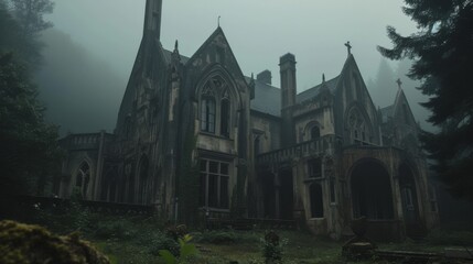 A dark, foggy scene featuring a gothic mansion with intricate architecture. The dense fog adds to the eerie ambiance, creating a haunting and mysterious setting.