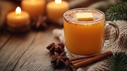 A steaming mug of hot buttered rum with a pat of butter melting into the drink, surrounded by cinnamon sticks and autumn spices,