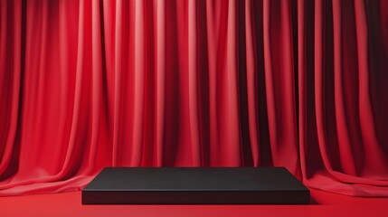 Stage backdrop with flowing red curtains and a simple black platform, awaiting performance, 3D illustration