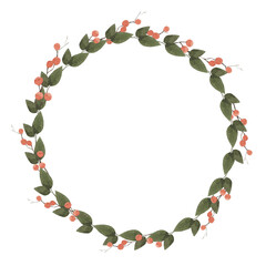 Watercolor tiny wreath of orange berries and leaves.Round frame for greeting cards, thank you cards,invitations, labels.