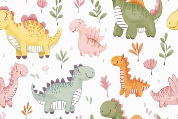 A child-friendly pattern of dinosaurs and tropical plants in endless repetition.