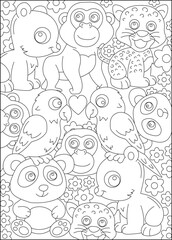 animals doodle kawaii coloring book page