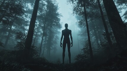 Solitary Figure Traversing Misty Forest,Introspective Journey of Solitude and Peace